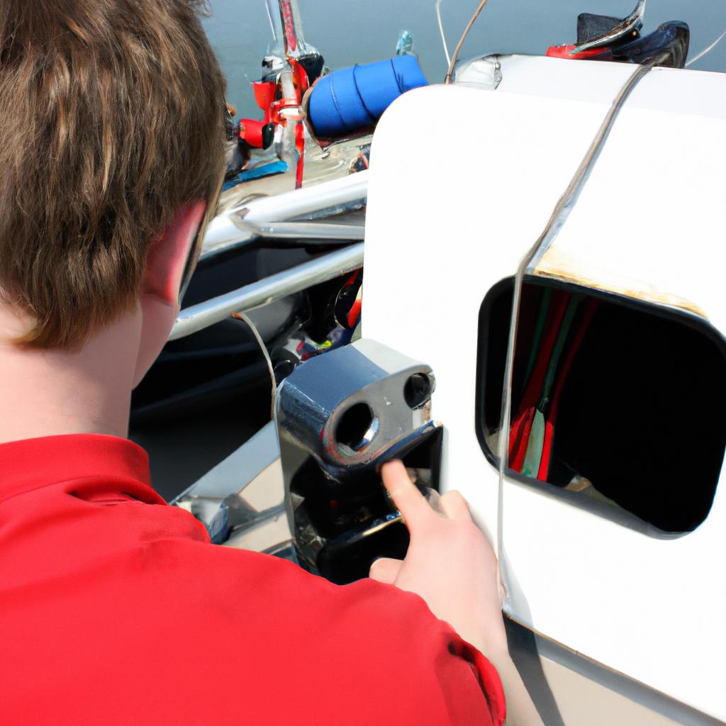 Person installing navigation equipment on boat